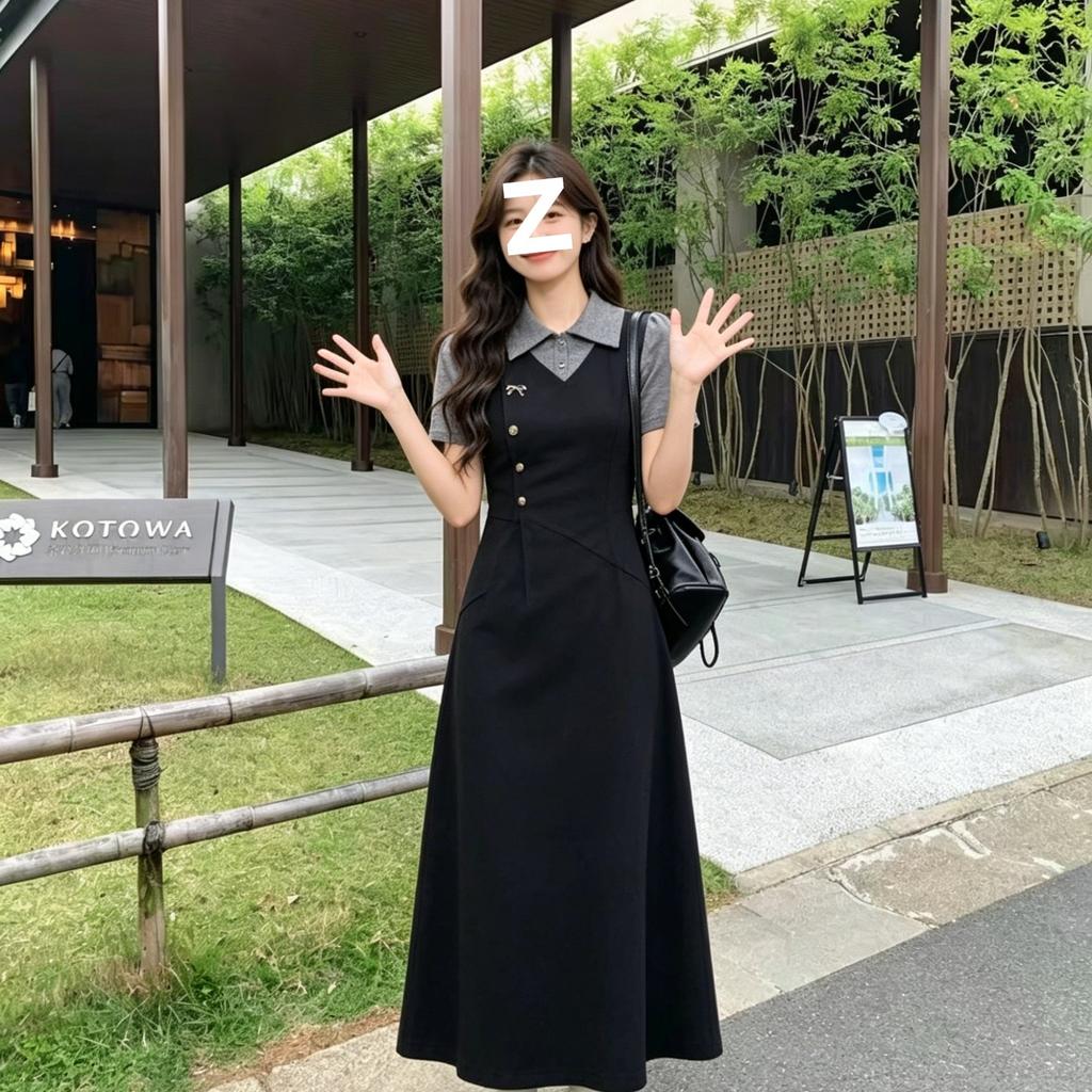 Black Dress Women's Summer Polo Collar Waist and Thin Temperament Versatile Fake Two College Long A-shaped Skirt