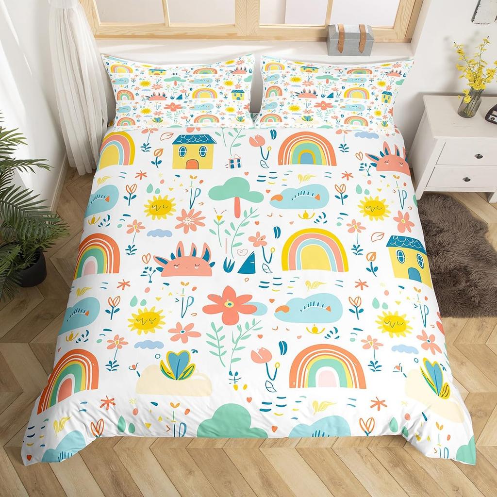 Rainbow Comforter Cover Watercolor Hand Drawn Duvet Cover Cartoon Raindrop Kawaii Bedding Set Girl Crown Love Hearts Quilt Cover