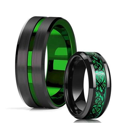 Moda 8MM Anillos Nórdicos Celtas de Dragón de Acero Inoxidable para Hombre Incrustación Anillos de Fibra de Carbono Verde para Hombre Mujer Joyería para Fiesta de Bodas