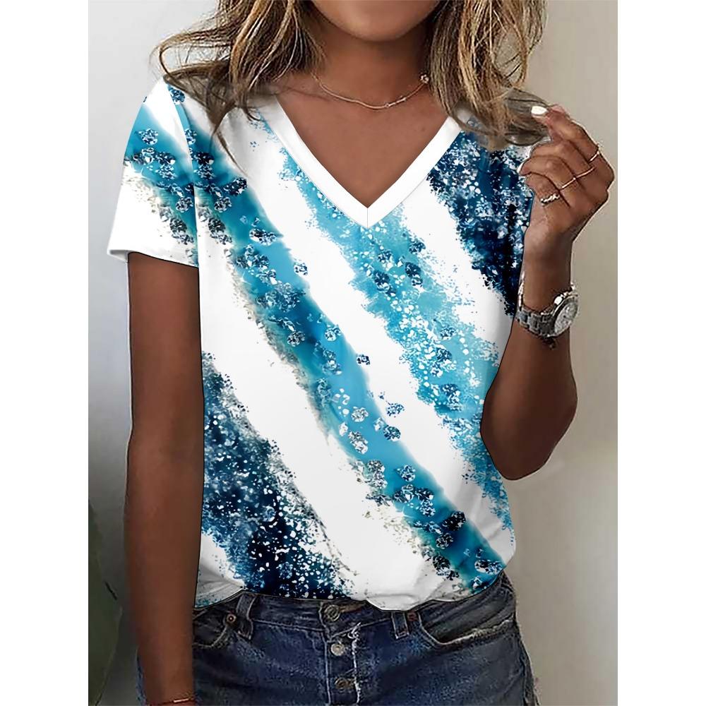 2026 Summer New Women s Fashion Casual Printed V-neck Short Sleeve T-shirt S