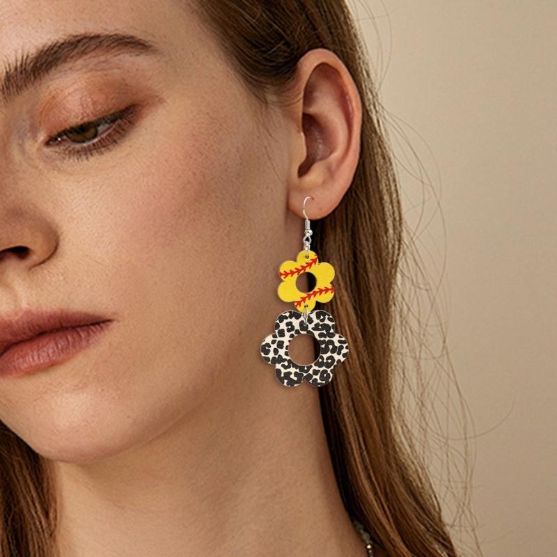 Retro Wood Earrings with Unique Hollow Flower and Cow Pattern Elegant Drop Ear Pendant for Stylish Ladies