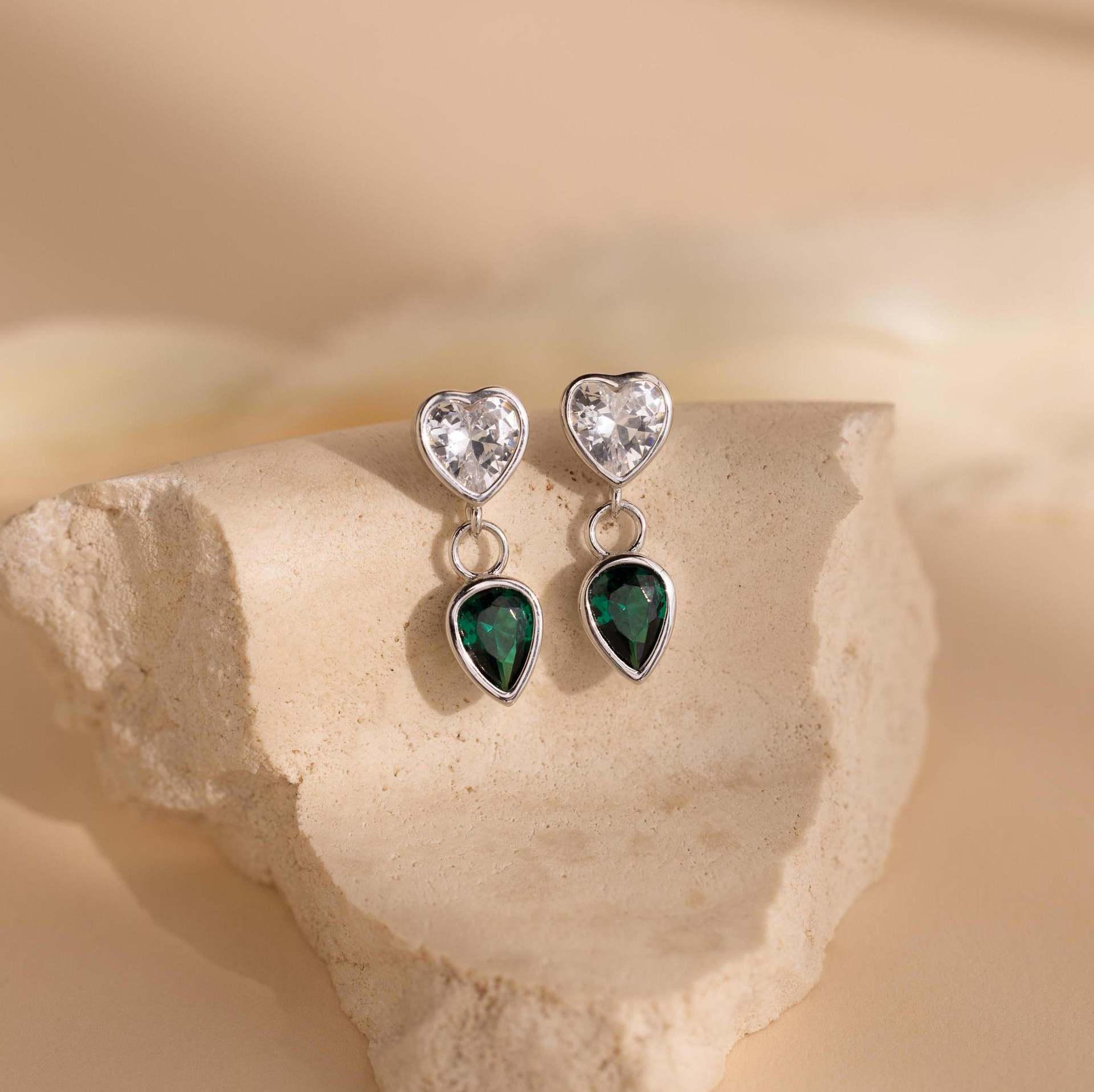 S925 Sterling Silver Heart & Emerald Teardrop Earrings - European & American Style Fashion Ear Accessories 925 Silver