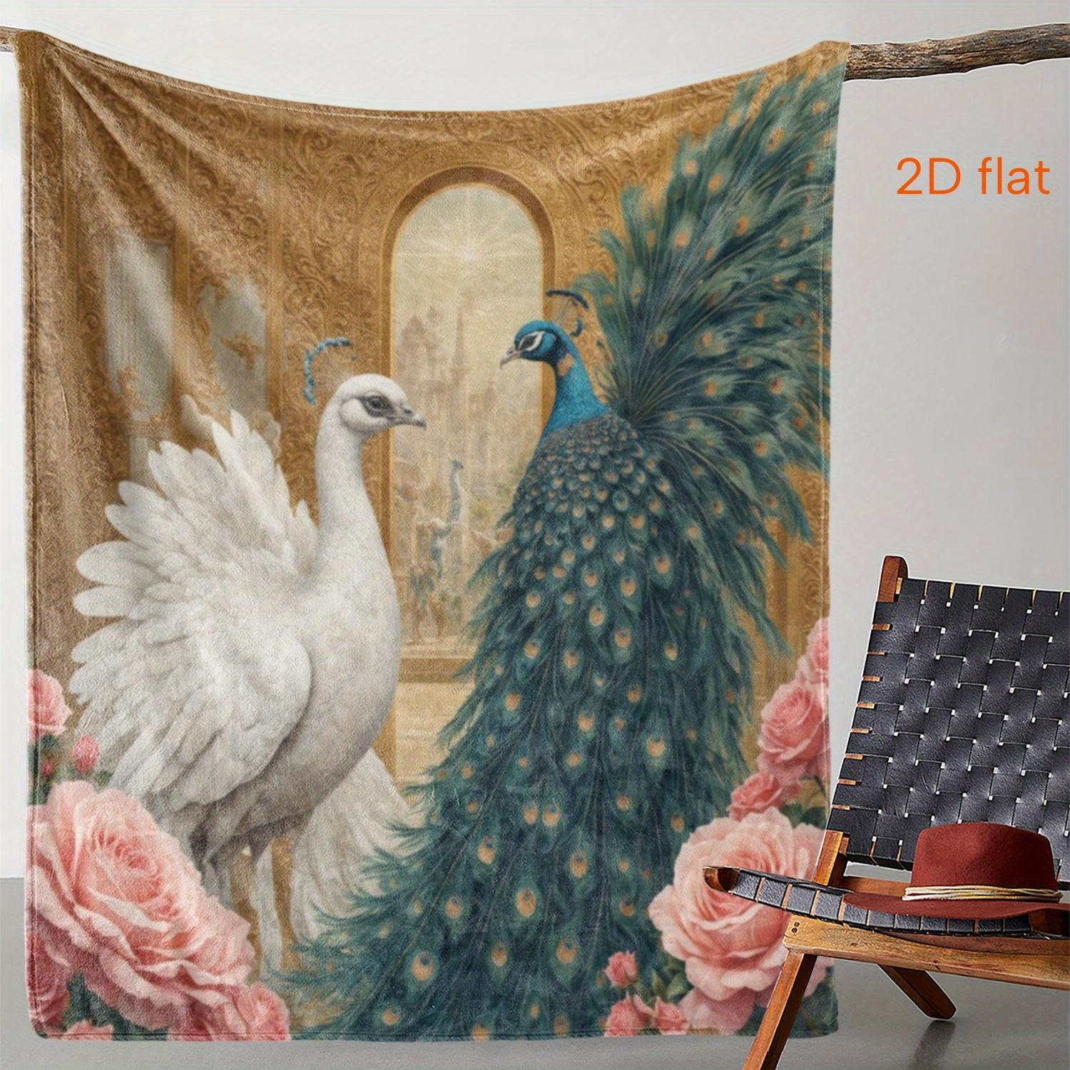

1pc Zeal Lily Luxury Vintage Peacock & White Birds Floral Print Blanket - Elegant Turquoise Green, Golden Brown, Pink Pink Roses 75x90cm28x35in