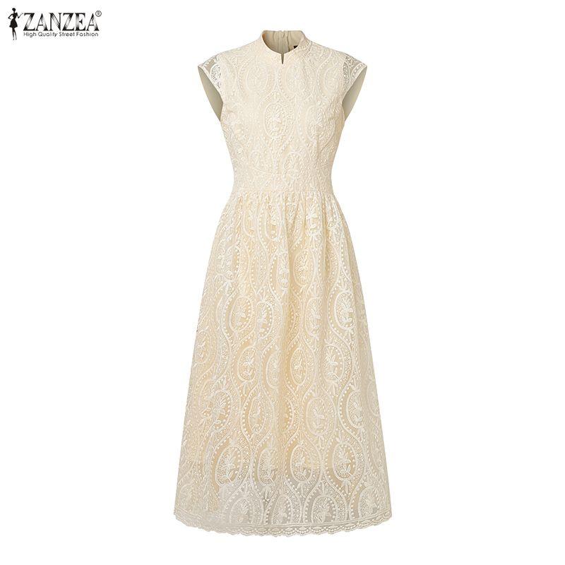 ZANZEA Women Stand Collar Summer Casual Short Sleeve Patchwork Lace Dress