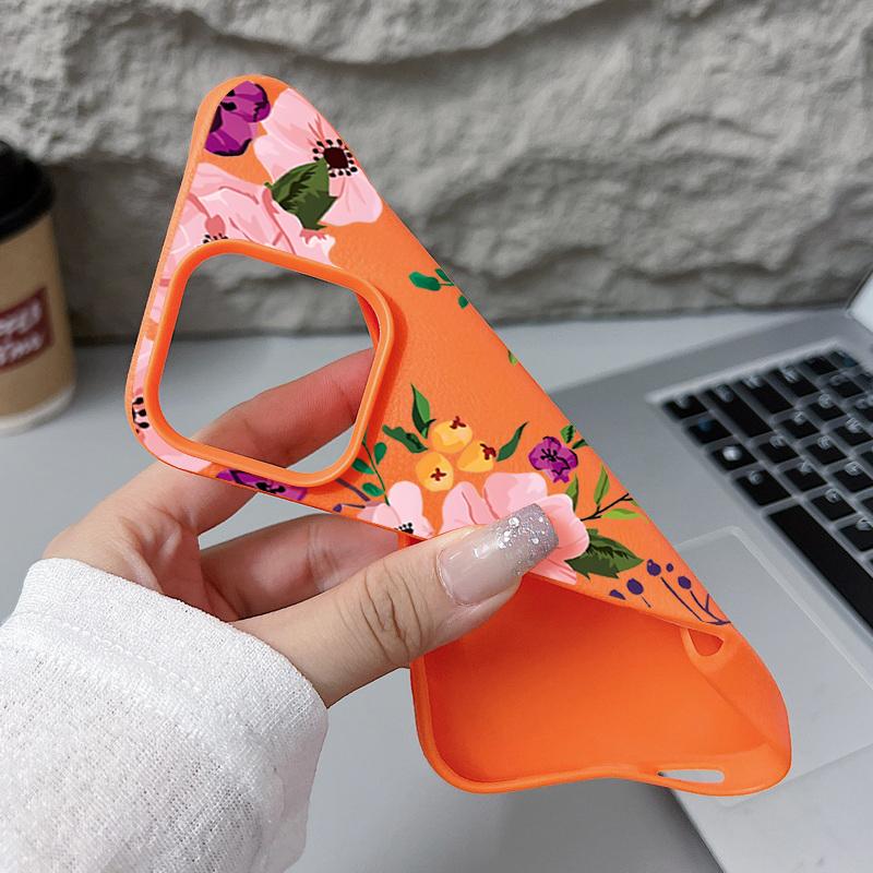 Matte Leather Texture TPU Soft Phone Case For iPhone 16 Pro Max 15 Pro 14 13 12 11 Floral Print Slim Shockproof Bumper Cover
