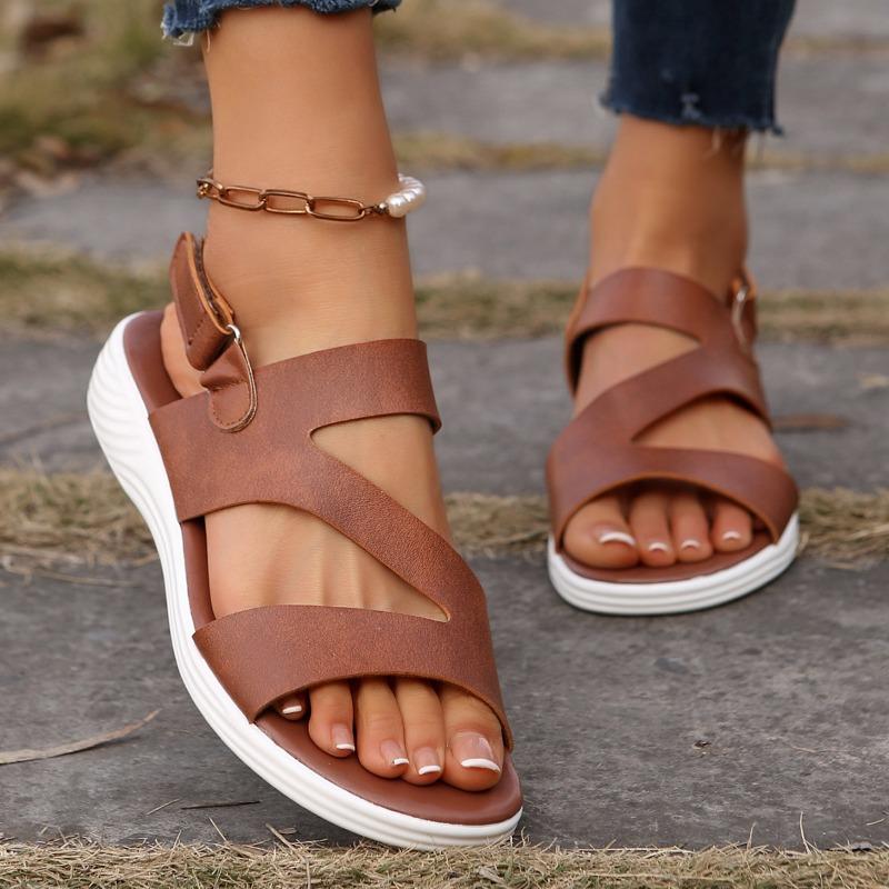 Summer Solid Color Round Head One-word Velcro Fashion Women's Large Size Wedge Sandals
