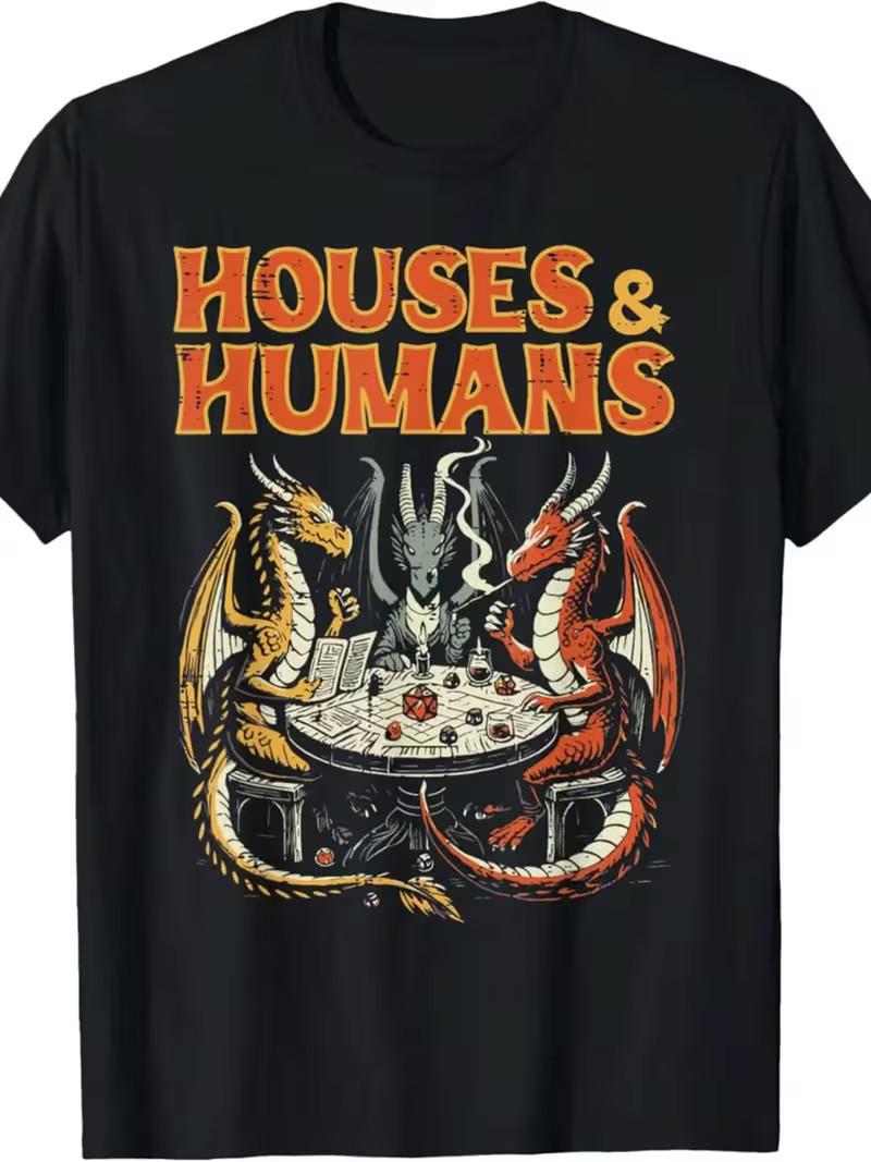 100% хлопковая футболка s Houses & Humans - Дизайн с фэнтезийным драконом и игровым полем с S