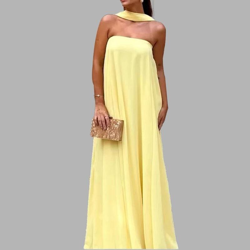 

Spring new models, European and American women s clothing, simple and elegant solid color tube top splicing dress dress S жёлтый