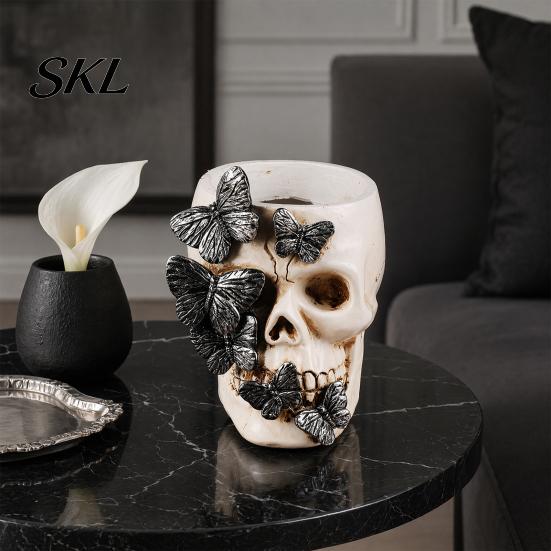Spooky Pen Cup Gothic Skull Holder, Butterfly Makeup Brush Durable Holder Organizer, Halloween Desktop Pencil for Home Office Decor Festive Organizer