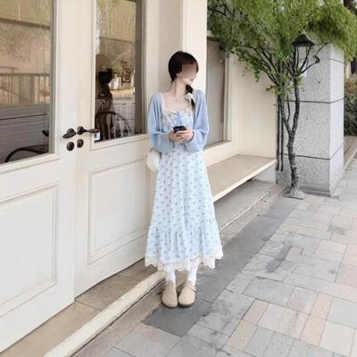 Temperament Blue Floral Small Flying Sleeve Dress Seaside Vacation Style Waist Long Dress Women's Summer Elegant New