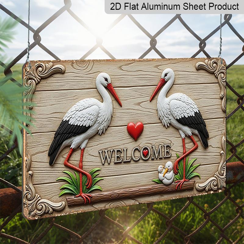 2D Flat 1pc Welcome Sign with Storks and Heart | Manufactured Aluminium, Vintage Style, Wall Hanging, Multipurpose Decor for Christmas, Halloween