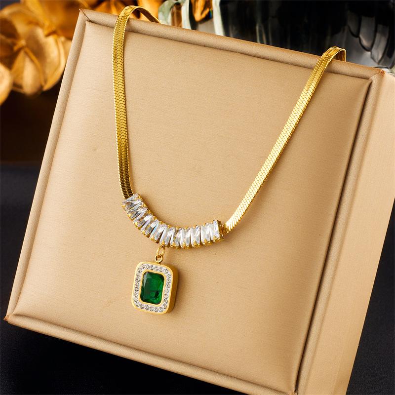 ZAKOL 3 Pcs 316L Stainless Steel Luxury Non-fading Square Green Crystal Zircon Pendant Necklace Earrings Zircon Set For Women