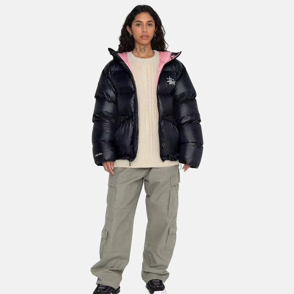 Cross-border foreign trade STU embroidered hooded cotton-padded clothes, black pink contrasting short bread clothes, windproof thickened cotton