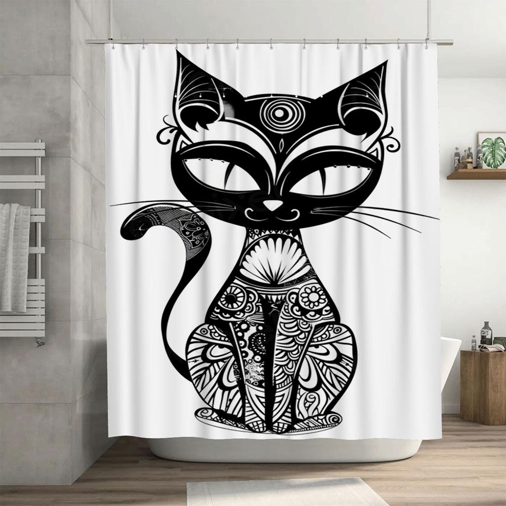 Black Cat Shower Curtain Artistic Black White Zentangle Bathroom Decor Unique Print Waterproof Shower Fabric