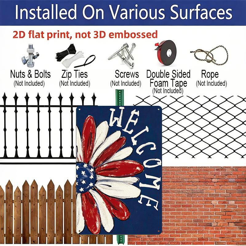 2D Flat Patriotic Flower Welcome Metal Sign, 8×12 Inch Aluminum Wall Art, American Flag Daisy Design, Durable Decor for 4th of July, Memorial Day