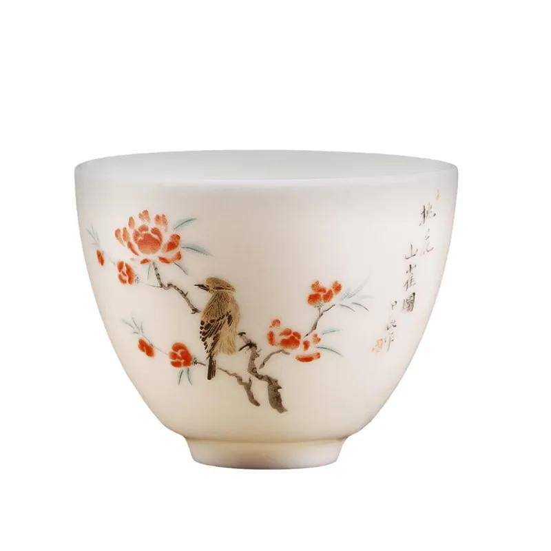 Boutique Suet Jade Ceramic Teacup Personal Meditation Cup Hand Painted Flowers Tea Bowl Pu'er Master Cup Tea Set Accessories