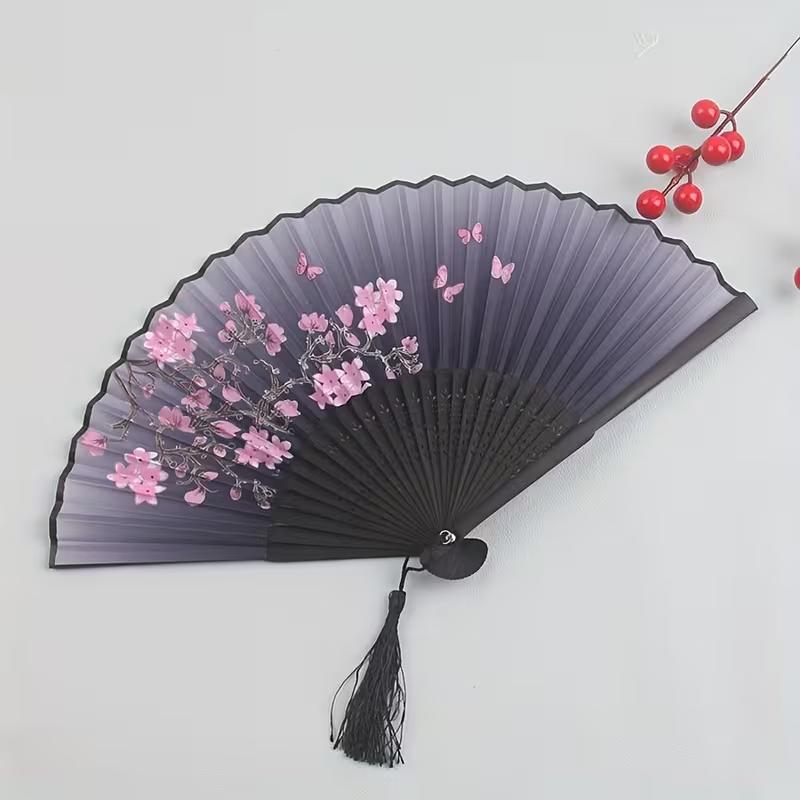 Vintage Black Flower Pattern Folding Fan Chinese Style Handheld Fan for Dance Performance Cosplay Wedding Party Decorative Gift