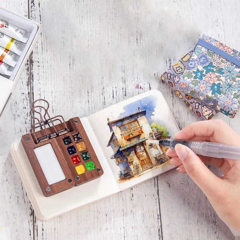 4in1 Portable Travel Watercolor Palette Set Mini Wooden Square Tray Paint Box Sketchbook Student Outing Drawing Art Supplies