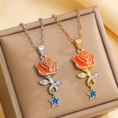 Exquisite Temperament Stainless Steel Star Rose Flower Plant Pendant Necklace for Women Valentine's Day Gift Jewelry Accessories