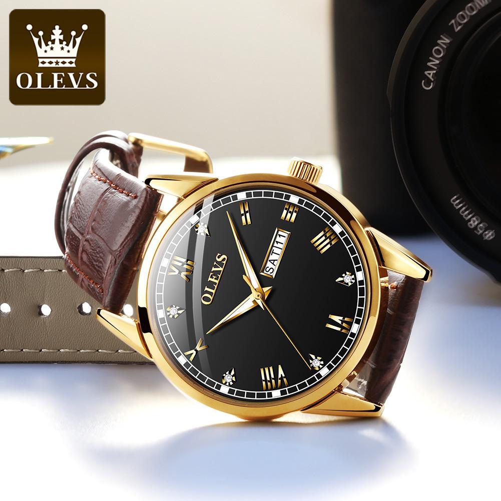 OLEVS 6896 Men Quartz Movement Watch Fashion Diamond Roman Index Leather Strap HD Luminous Function Waterproof Calendar Watch