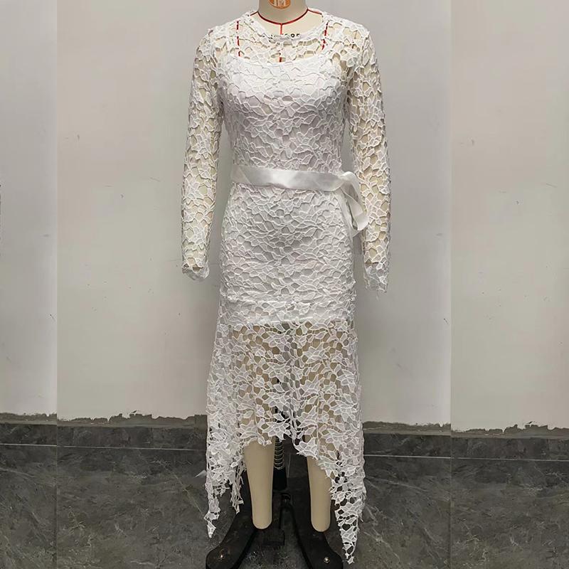 Jarní a podzimní dámské šaty Krajka Duté Dlouhý rukáv Klopa Kravata Nepravidelné Šaty