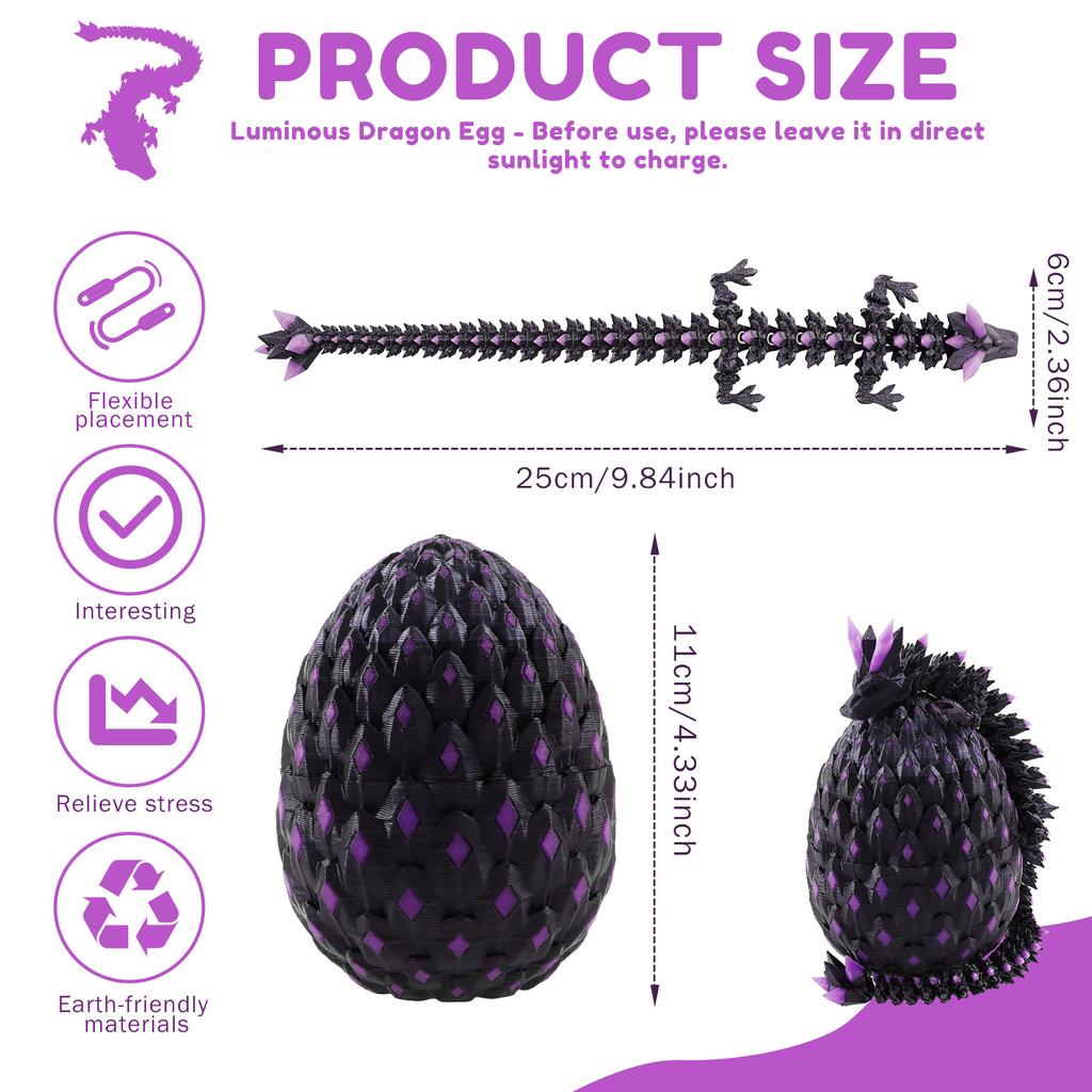 3D Printed Dragon Egg Luminous 3D Dragon Egg Figurine Flexible Display Mystery Easter Toys Stress Relief for Home Office Decor
