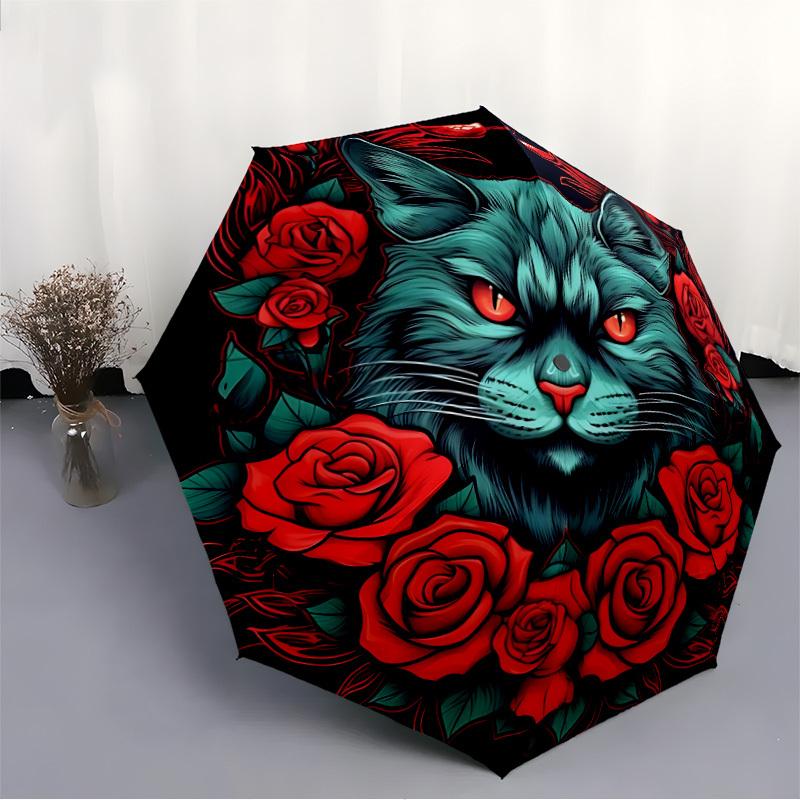 1pc Cat Roses Design Automatic Open/close Folding Umbrella, Compact Portable Travel Umbrella, Perfect Birthday/Christmas, Cute Umbrella, Dur