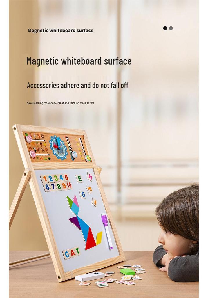 Children's Multifunctional Learning Stand: Double-Sided Erasable Drawing Board with Three Languages for Early Education.