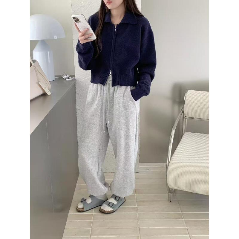 

Короткая вязаная куртка с лацканами на двойной молнии, простая однотонная, с длинным рукавом, женский повседневный вязаный топ One Size тёмно-синий