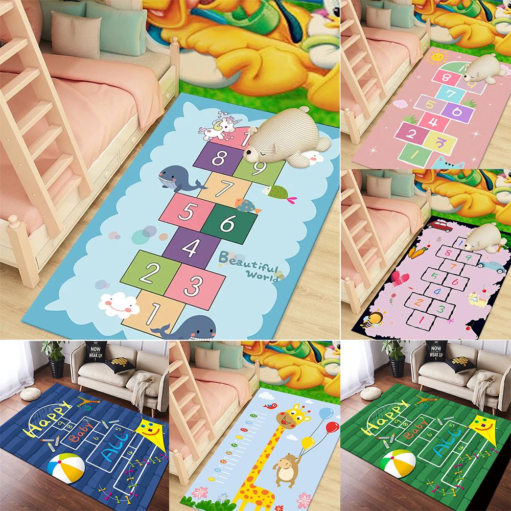 Kids Cartoon Playful Area Rug Colorful Hopscotch Number Animal Growth Chart Patterns Soft Decorative Carpet For Children's Room