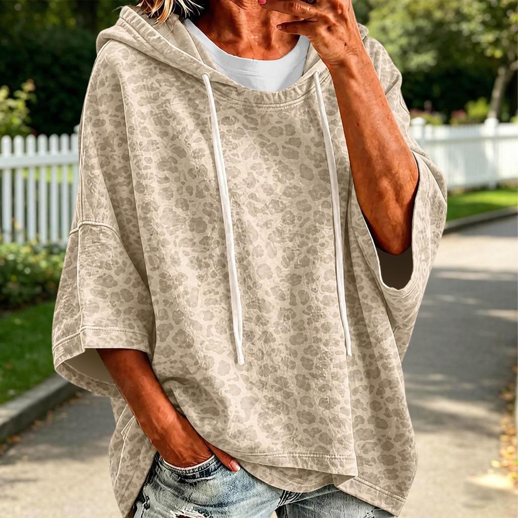 Damen Casual Sweatshirt mit Leopardenmuster und Dreiviertelärm, lockere Passform, Pullover Top