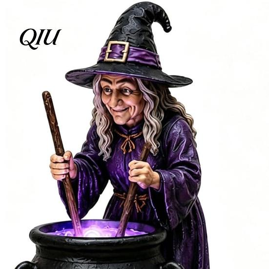 Dark Atmosphere Night Light Solar Witch Statue with Glowing Cauldron, Outdoor Halloween Garden Light, Party Decorations Resin Decorative Figurine for