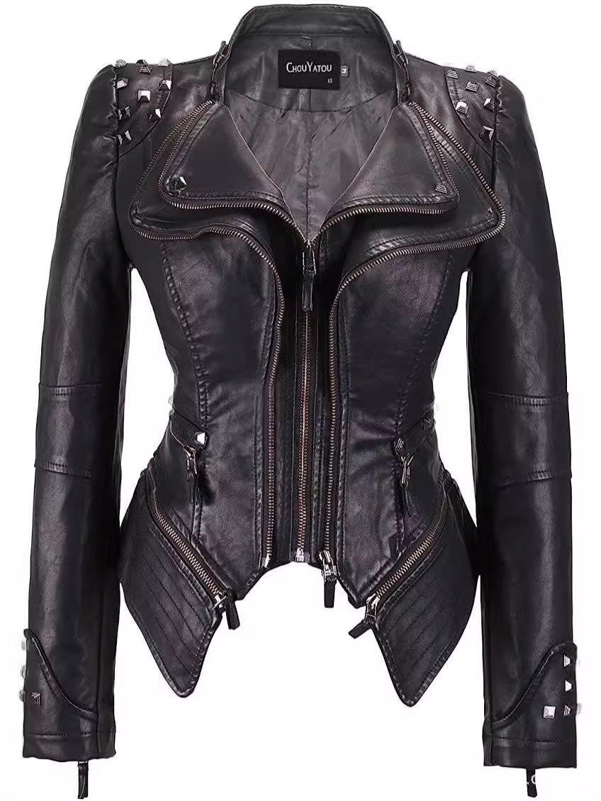 Women s Spring 2026 Embroidered Leather Jacket with Lapel, Rivets & Slim Fit, Short Washable PU Design XS