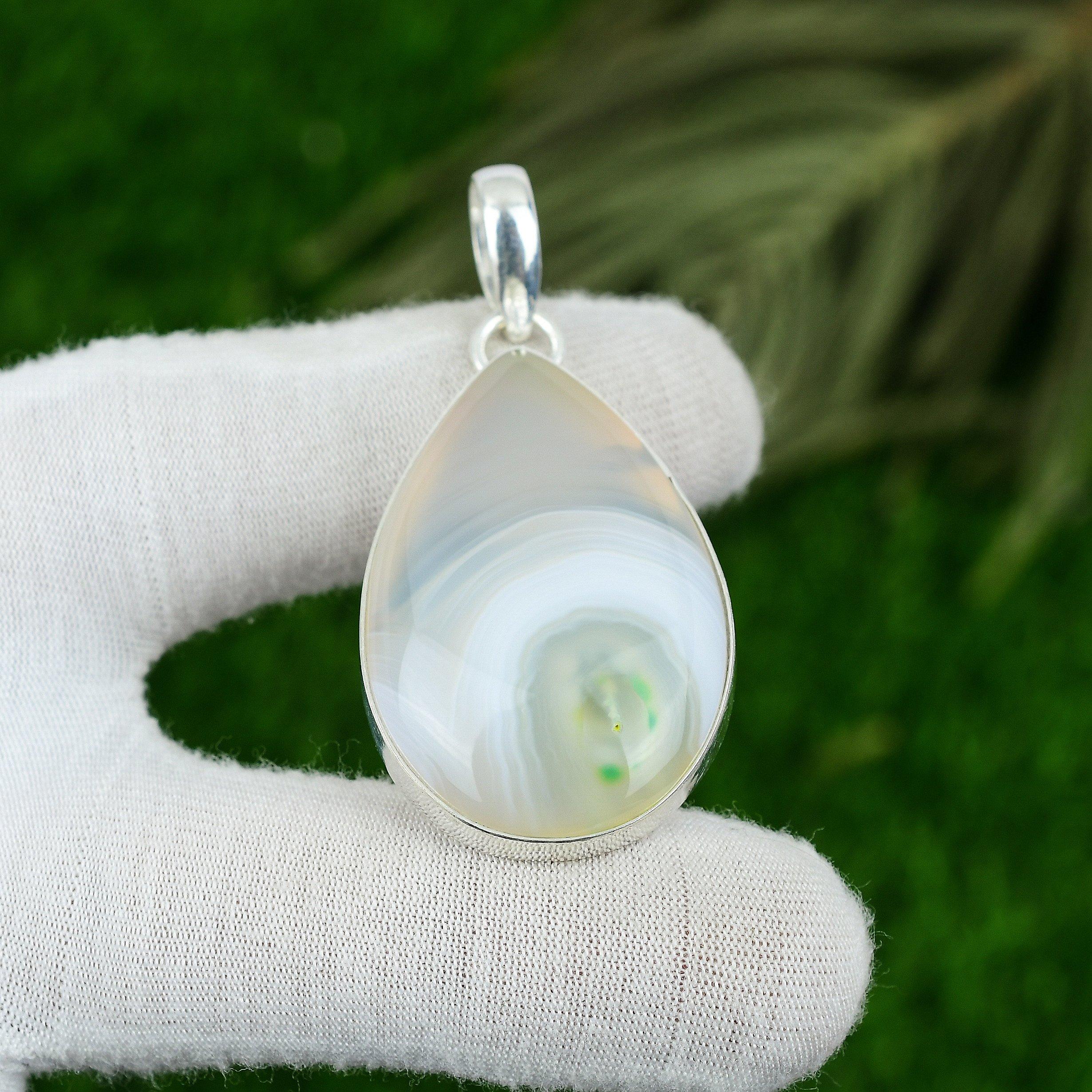 925 Silver Botswana Agate Gemstone Art Deco Sister Anniversary Pendant Jewelry