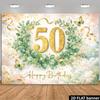 2D vlak 50e verjaardag viering achtergrond glanzend gouden "50" nummer groene bladeren slingers en vlinder decoraties