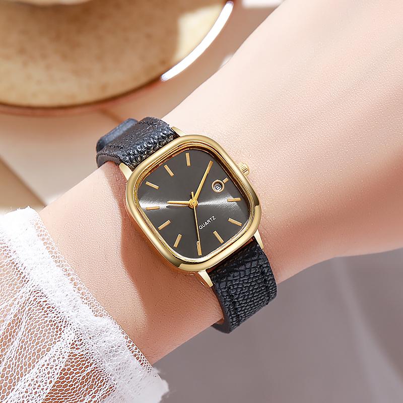 Ladies' small square dial luxury quartz watch, retro gold case with leather strap, simple daily wear