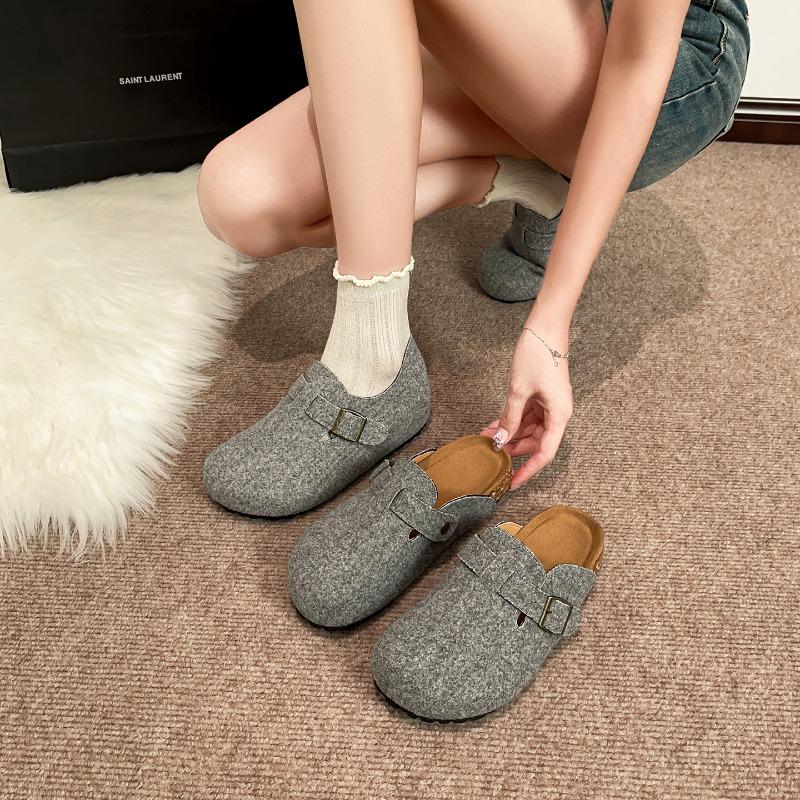 Ugly and cute retro woolen shoes increase in height, lazy bag head one-word buckle, women's casual thick bottom half drag