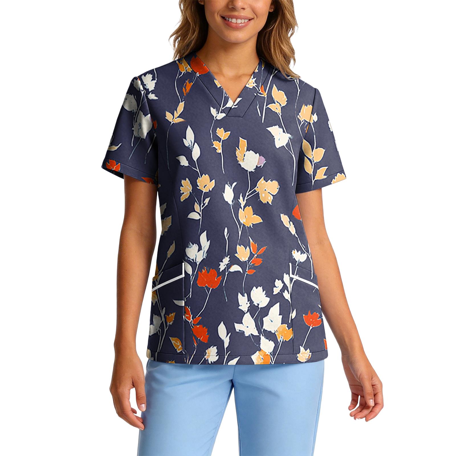 

Women s Stretch Quick-Dry V-Neck Short Sleeve Workwear Top with Botanical Floral Print & Pockets L