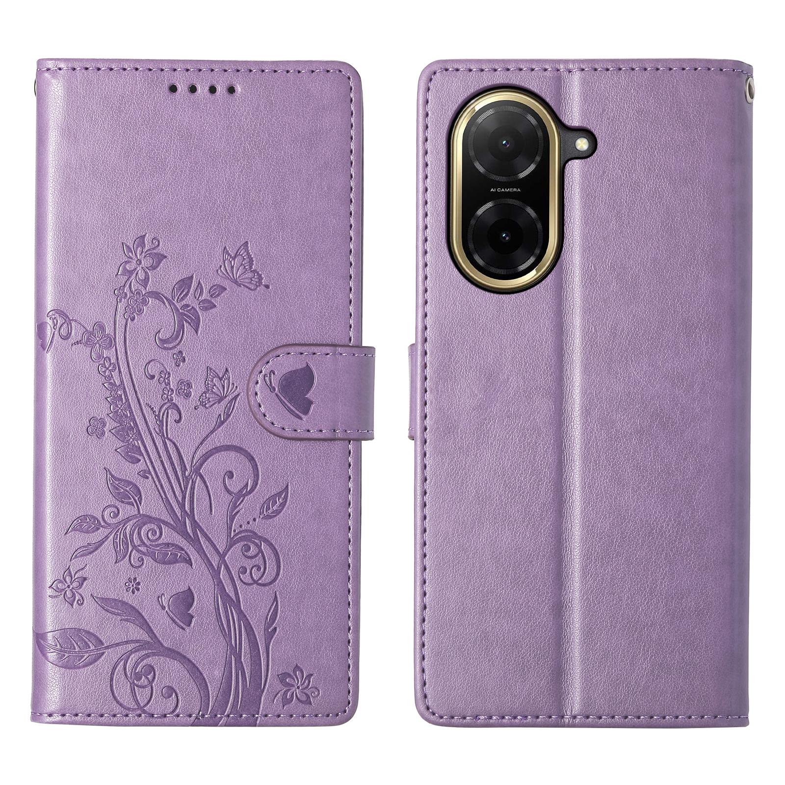 

For Xiaomi Redmi A5 4G (171.7mm)/Poco C71 4G Wallet Case Butterfly Floral Imprint PU Leather Phone Cover with Wrist Strap Purple