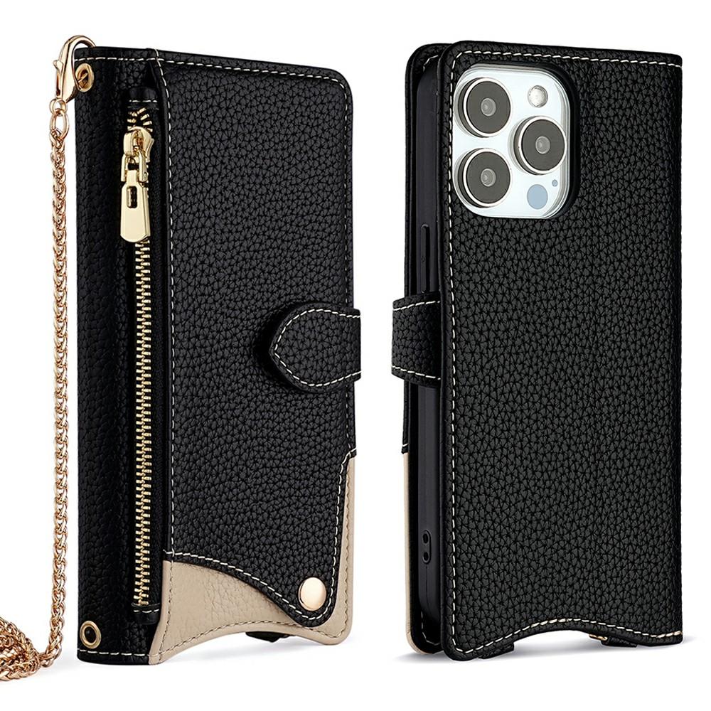 

For iPhone 16 Pro Leather Case Wallet Stand Cover Irregular Tail Style with Chain Strap A