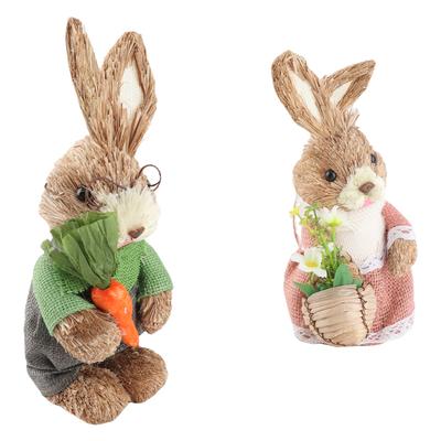2 adet Mini Hasır Tavşan 25cm Sevimli Paskalya Tavşanı Çifti Ev Masa Bahar Dekorasyonu için Figürinler