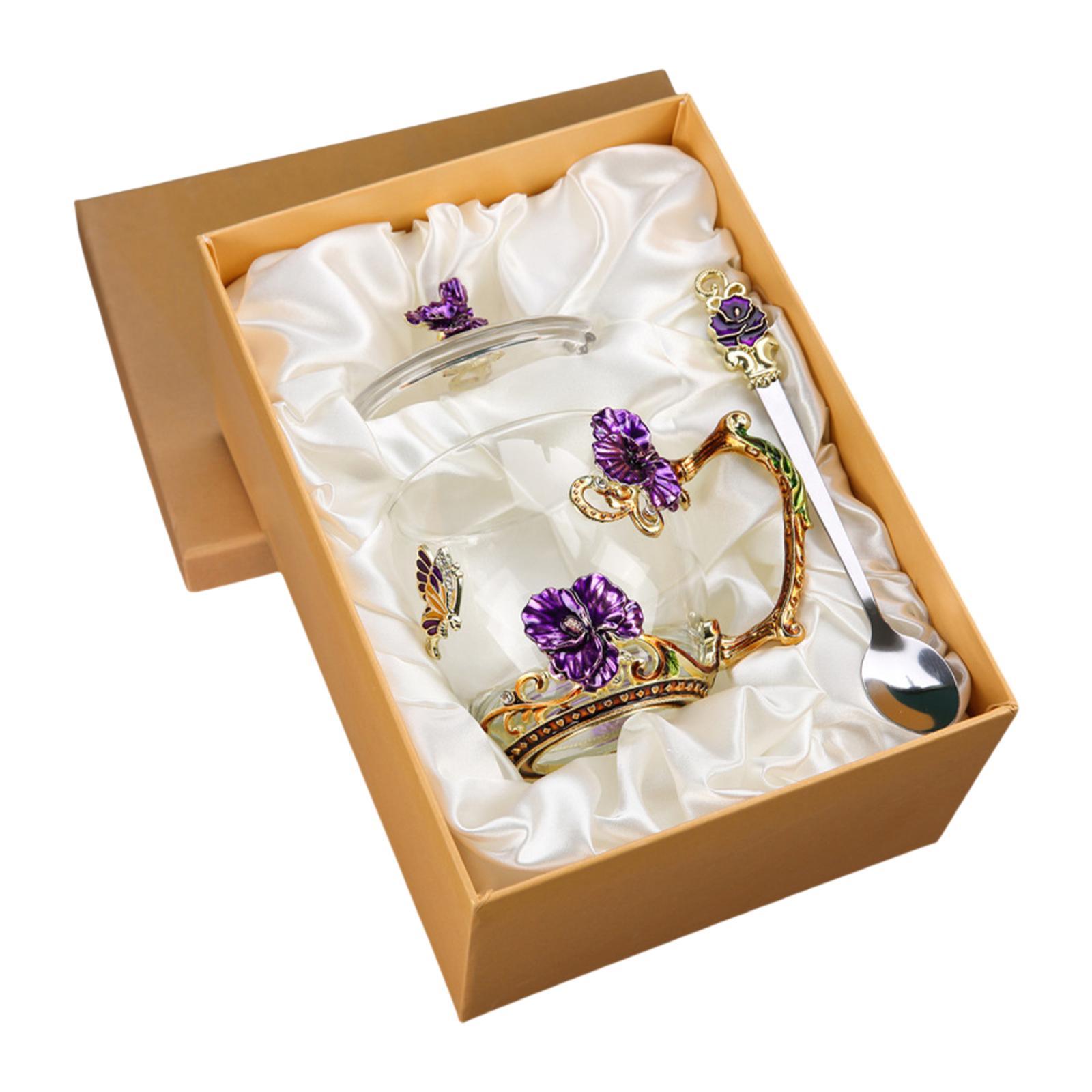 

Стеклянная эмалированная чашка для чая, кофейная кружка с цветком и бабочкой, декоративная чашка для питья с крышкой для годовщины, бабушки, подруги, учителя, мамы фиолетовый