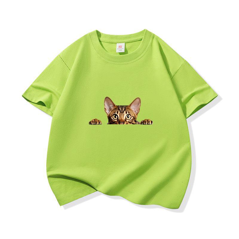 Kids Cotton T Shirt Peeking Bengal Cat Print Crew Neck Short Sleeve Tee Casual Breathable Boys Girls Summer Tops