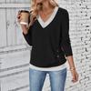 Women's V Neck Long Sleeve Basic Top Regular Fit Elegant Casual T-Shirt With Button Decor Solid Color
