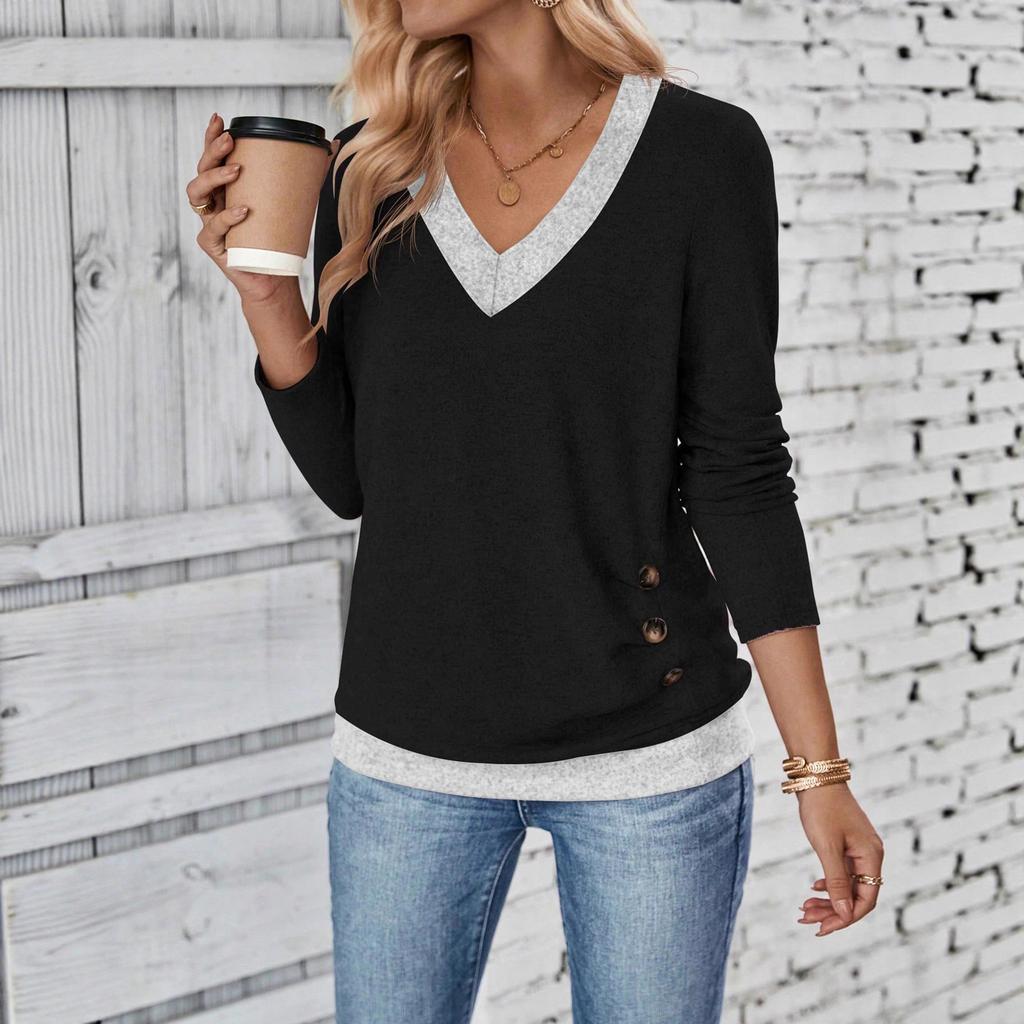 Women's V Neck Long Sleeve Basic Top Regular Fit Elegant Casual T-Shirt With Button Decor Solid Color