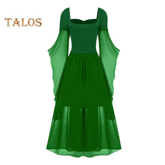 Vinatge Damenkleid, unregelmäßige Hornärmel, einfarbig, A-Linie, großer Saum, schmale Taille, plissierter Schnürriemen, mittelalterliche Halloween-Party, Cosplay-Kostümparty