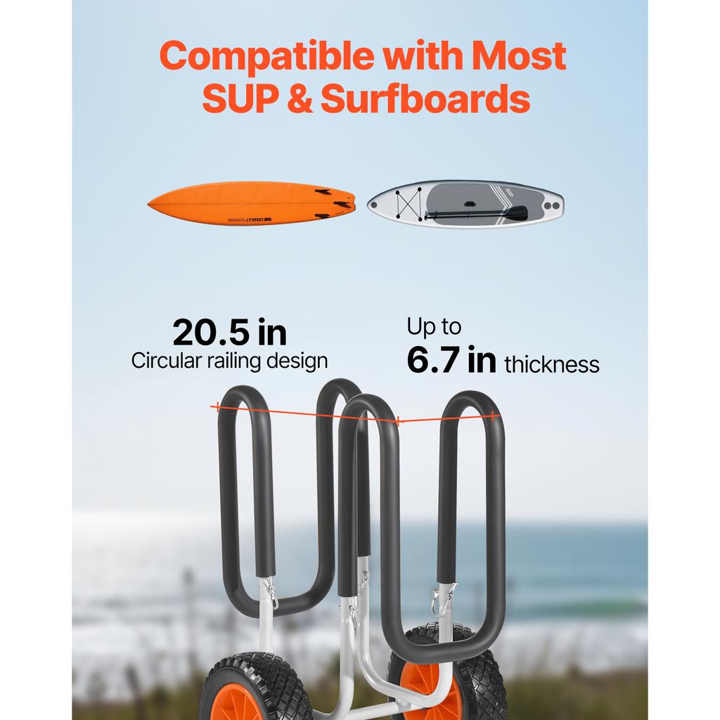 Carrello Kayak SucceBuy Capacità 150 lbs Trolley per Stand Up Paddle Board con Ruote in Gomma Solida da 10 Pollici e Cavalletti per Paddleboard