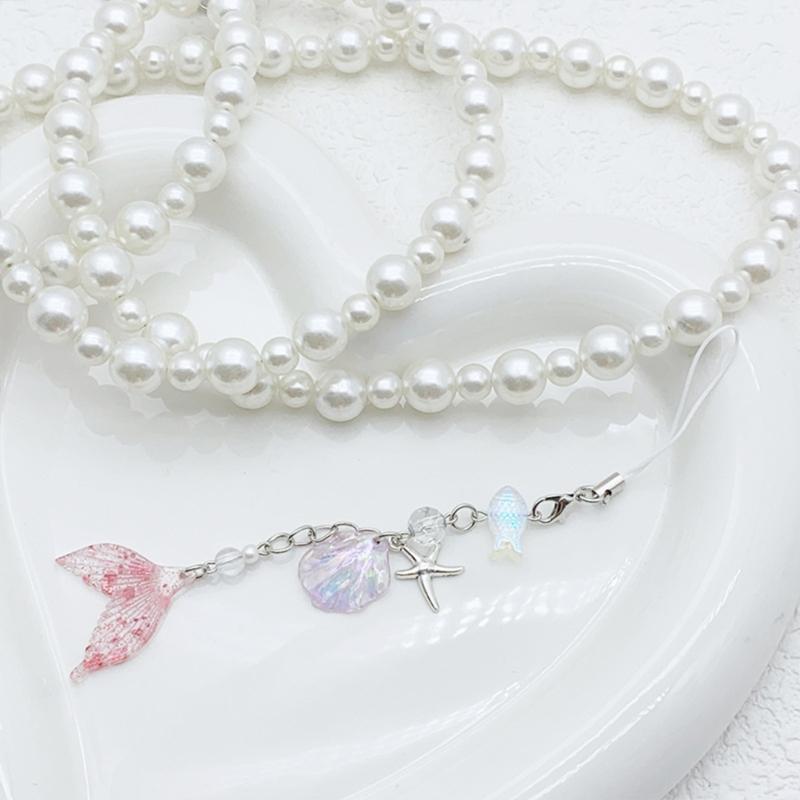Shell Fish Tail/Bass/Heart Needle Keyring Phone Charm Detachable Phone Lanyard Beaded Keychain Jewelry for Wallet
