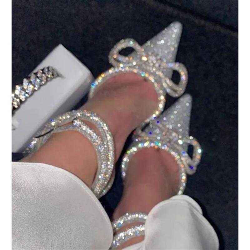 

Soleist Glitter Rhinestones Women Pumps Crystal Bowknot Satin Sandals Summer Transparent Shoes High Heels Party Prom Designer Shoes 35