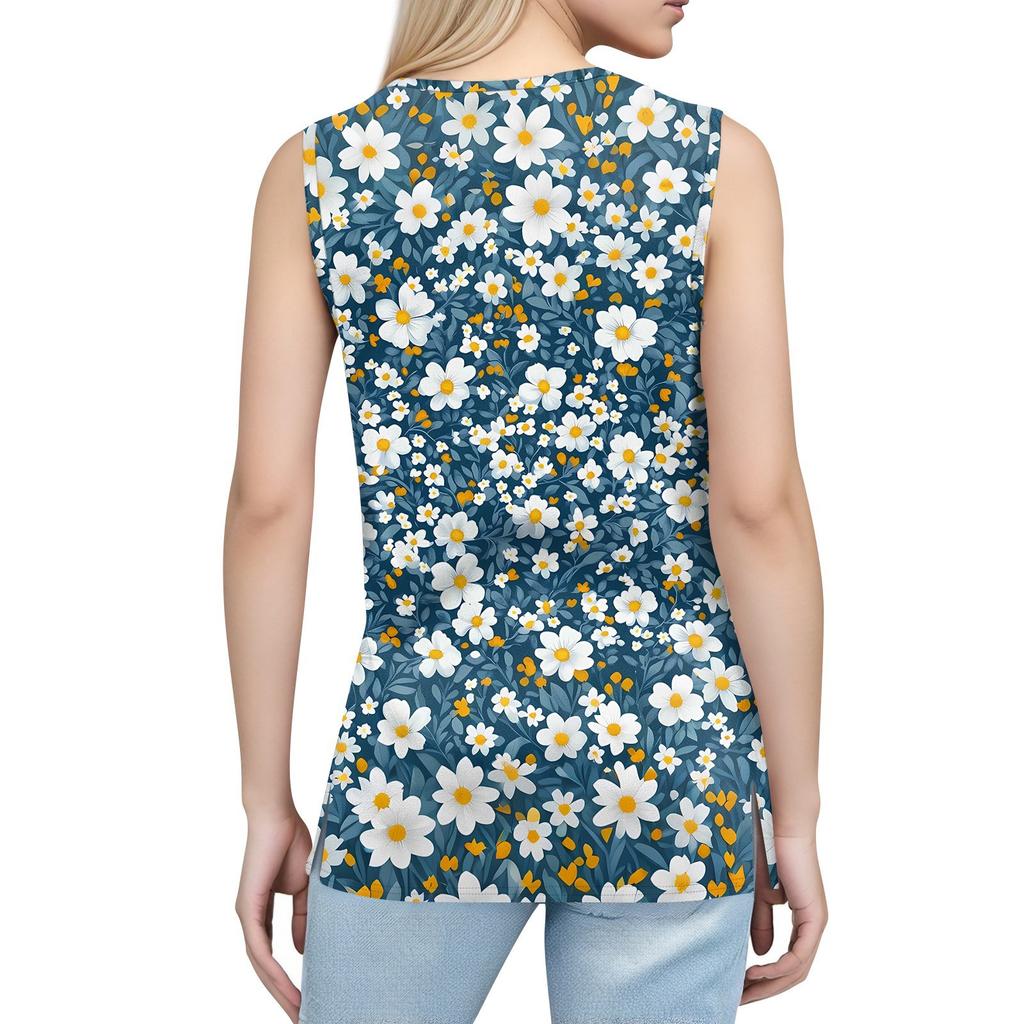 Women's Print Tank Top Button-down V-neck T-shirt Sleeveless Loose Fashion Top